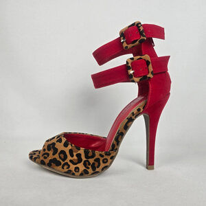 Liliana Red Animal Print Ankle Strap Heeled Shoes Size 5.5